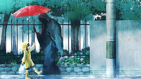 HD Wallpaper Anime Girl Raining Coat Red Umbrella Shinigami Women