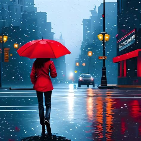 Premium Ai Image A Woman In A Red Coat Is Walking In The Rain With A