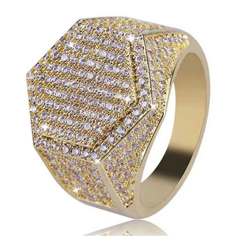 Mens Gold Hexagon Ring Fashion Bling Cubic Zirconia Fully Iced Out Band