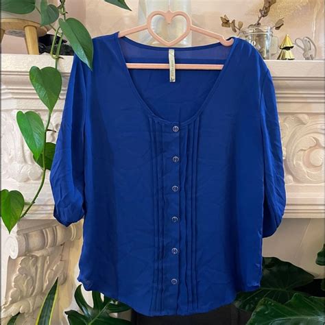 Tops Cobalt Blue Buttondown Wide Scoop Neck Blouse Made In The Usa