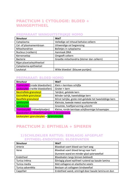 Samenvatting Eindtoets Beschrijvingen Practicum Cytologie Bloed