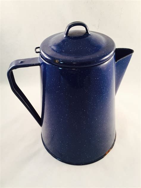 Blue Speckled Enamelware Coffee Pot Camping Rustic Vintage