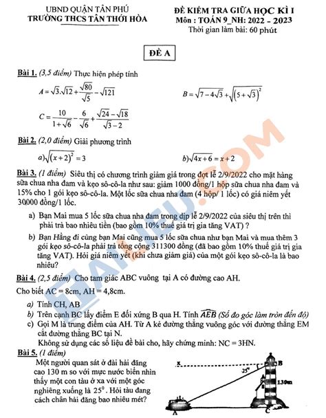 Đề thi giữa học kì 1 lớp 9 môn Toán năm 2022 2023 THCS Tân Thới Hòa