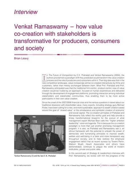 Pdf Venkat Ramaswamy How Value Co Creation With Stakeholders Is