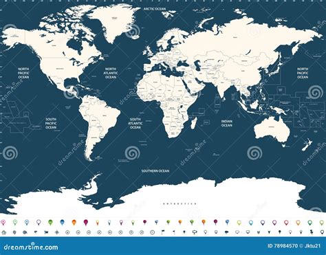 Vector High Detailed World Political Map With Countries And Oceans