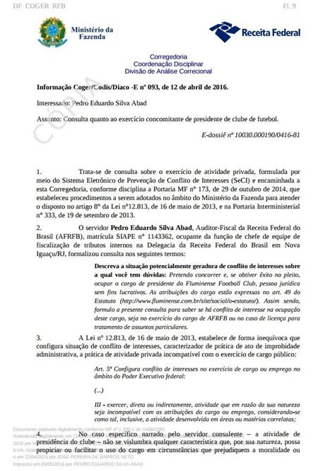 Documento Da Receita Federal Detalha Condi Es Para Abad Poder Presidir