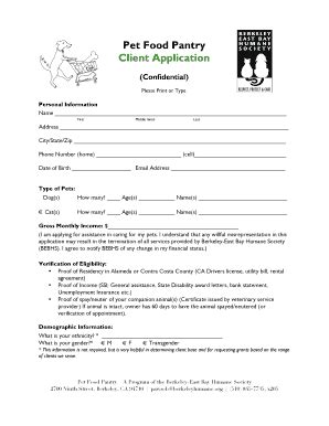 Fillable Online Pet Food Pantry Client Application Berkeley Humane