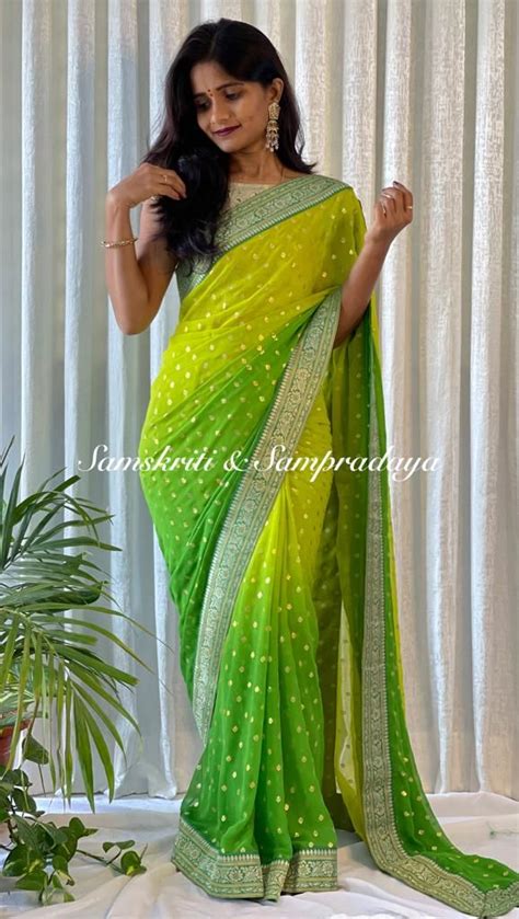 Dual Shade Georgette Saree Parrot Green And Lemon Yellow In 2023 Yellow Blouse Designs Parrot