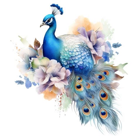 Peacock With Blue Feathers And Flowers On A White Background Generative