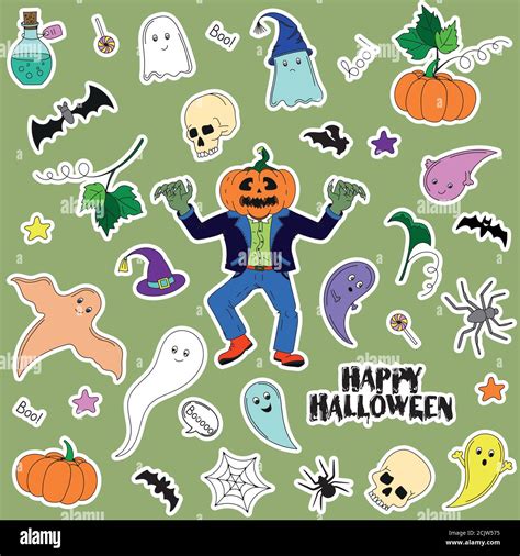 Halloween Stickers With Ghosts Pumpkins Skulls In Cartoon Style Cute Vector Icons For