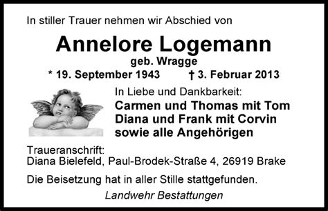 Traueranzeigen Von Annelore Logemann Nordwest Trauer De