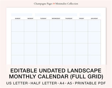 Landscape Editable/fillable Blank Monthly Calendar, Horizontal Undated ...