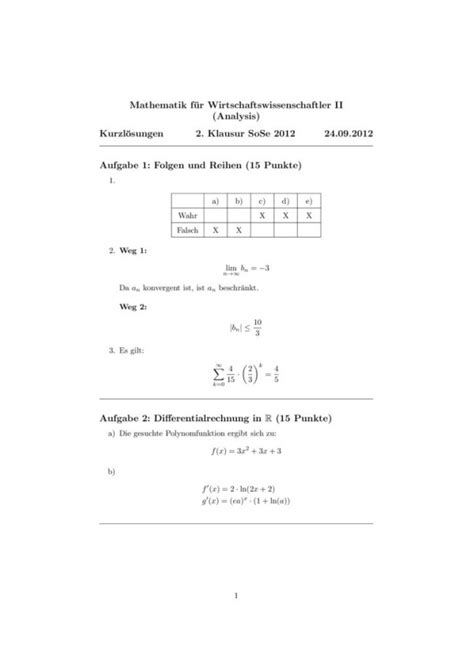 Lösungen Klausur zur Mathematik fur Wirtschaftswissenschaftler II