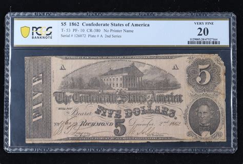 1862 Confederate States of America $5 Note T-53 (PCGS VF20) | Pristine ...