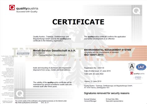 Zertifizierung ISO 14001 2015 Referenzproben Reference Samples