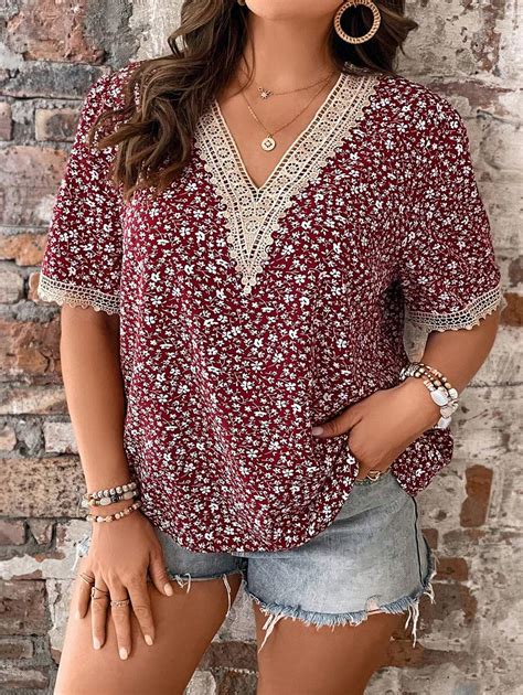 Shein Lune Plus Ditsy Floral Print Guipure Lace Insert Blouse Shein Usa