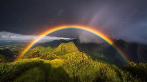 Rainbow Over A Mountain Top With A Rainbow Shining Over It Background