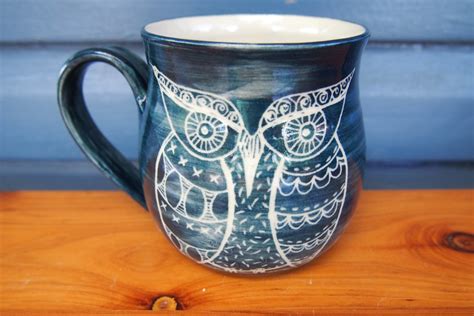 Unique Coffee Mug Handmade Ceramic Coffee Mug Owl Mug Blue