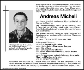 Traueranzeigen Von Andreas Micheli Trauer Bz