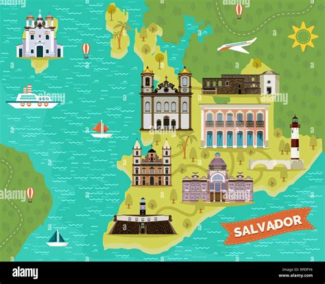 Landmarks Sightseeing Places On Map Of Salvador Stock Vector Image