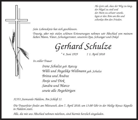 Traueranzeigen Von Gerhard Schulze Trauer Kreiszeitung De