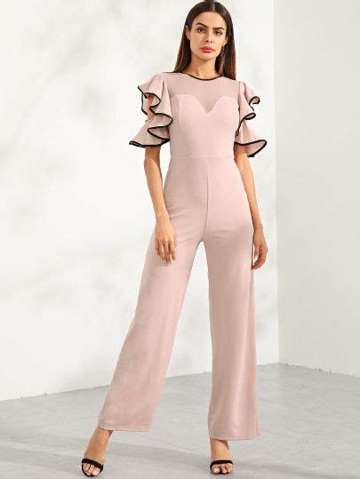 Shein Cold Shoulder Ruffle Trim Palazzo Jumpsuit Jumpsuit Fashion