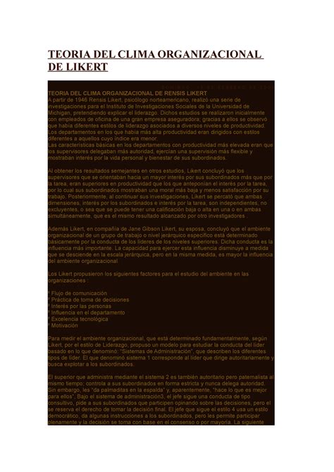 Teoria DEL Clima Organizacional DE Likert TEORIA DEL CLIMA