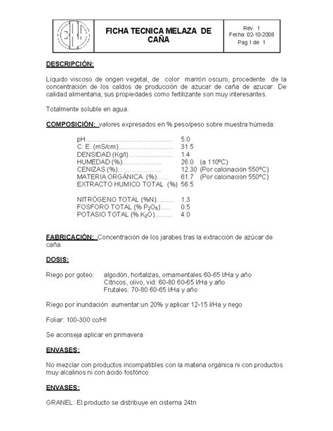 Melaza especificaciones FICHA TECNICA MELAZA DE CAÑA Rev 1 Fecha