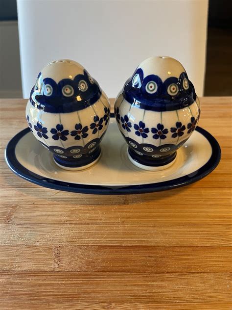 Vintage Boleslawiec Salt And Pepper Shakers W Tray Poland Etsy