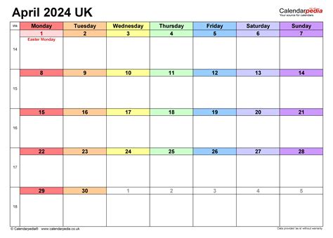 Calendar April 2024 Uk With Excel Word And Pdf Templates