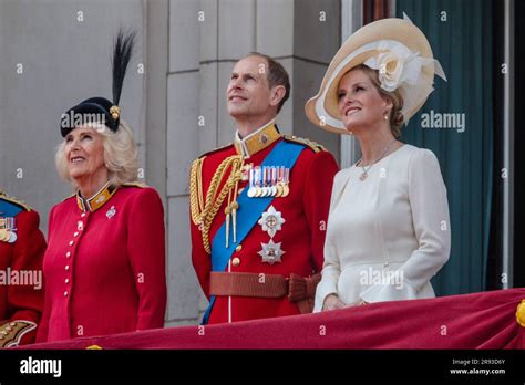 The British Royal Family on the Buckingham Palace balcony to watch the Trooping the Colour fly ...