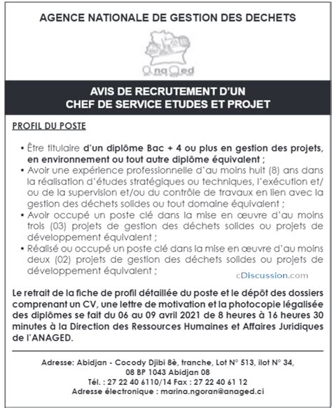 Une Structure De La Place Recrute Chef De Services Etudes Et Projet