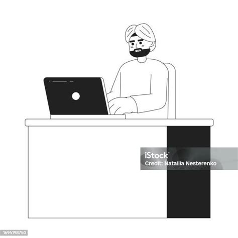 Indian Man In Turban Typing On Laptop 2d Vector Monochrome Isolated