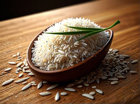 White Rice On The Bowl And Paddy Rice On Wooden Table With Stock