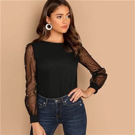 Shein Modern Lady Black Pearl Beaded Mesh Sleeve Round Neck Plain Top