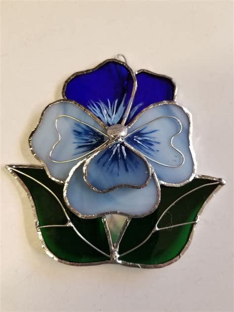 Stained Glass Pansy Blue Etsy Canada In Stained Glass Flowers