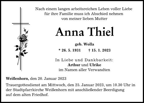 Traueranzeigen Von Anna Thiel Allg Uer Zeitung