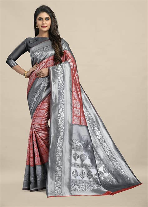 Get Grey And Red Soft Banarasi Silk Saree With Rich Woven Border And