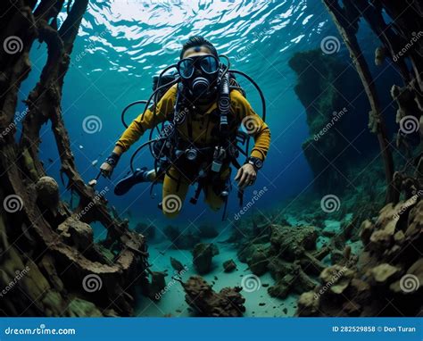 Scuba Diver Exploring A Sunken Ship Wreck Generative Ai Stock Photo