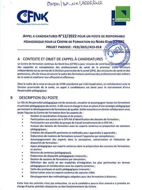 mediacongo net Offre d emploi Responsable pédagogique pour le CFNK