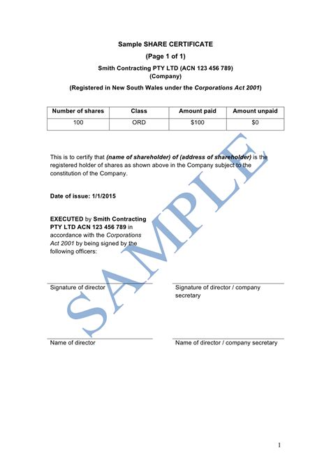 Share Certificate Template Australia