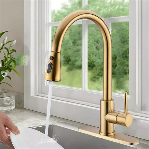 Feetron Kitchen Sink Faucet Brass Single Handle Pull Out Sprayer Brushed Gold With Cover