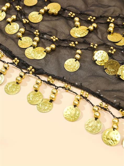 1pc Stylish Punk Ladies Black Belly Dance Waist Chain With Sequins Chiffon And Coins