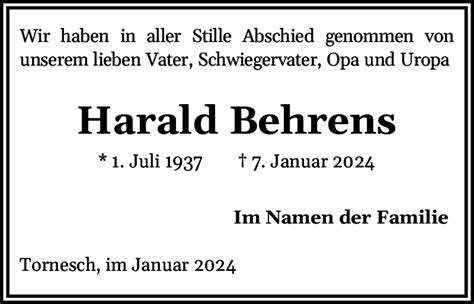 Traueranzeigen Von Harald Behrens Sh Z Trauer