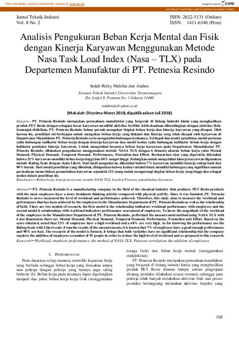 Pdf Analisis Pengukuran Beban Kerja Mental Dan Fisik Dengan Kinerja Karyawan Menggunakan