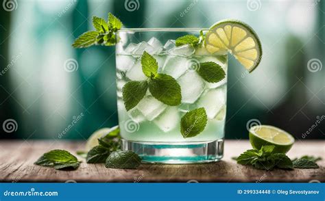 Mojito In A Beautiful Transparent Glass With Fresh Ice Cubes Stock