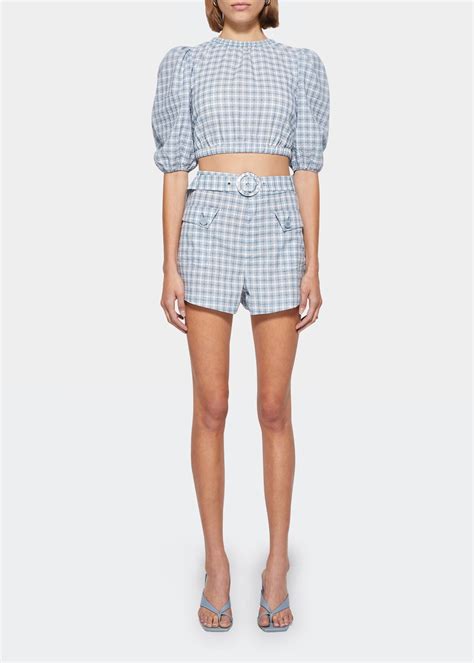 Buy Jonathan Simkhai Sapna Seersucker Plaid Cutout Puff Sleeve Crop Top