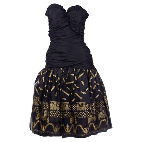 Vintage Zandra Rhodes Black Strapless 1980s Evening Dress W Gold Stencil Design For Sale At 1stdibs