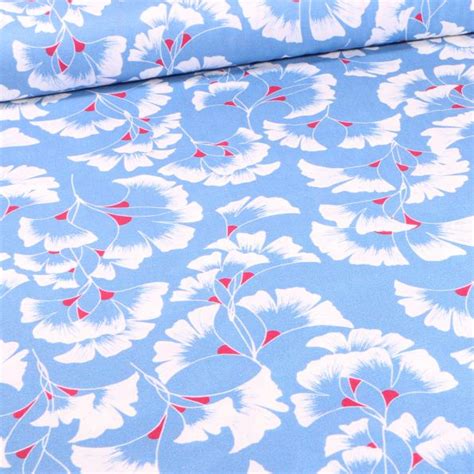 Tissu Coton imprimé Frou Frou Fleurs Ginkgo sur fond Bleu ciel Par 10 cm