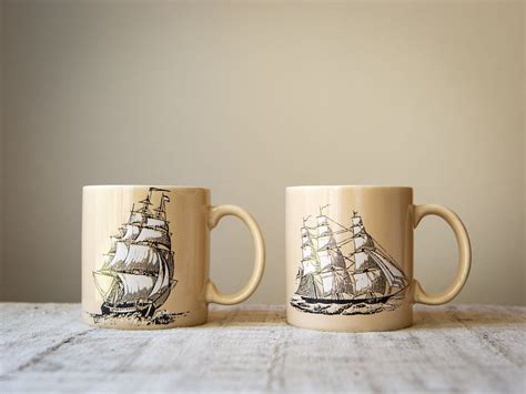 Vintage Pair Of Coffee Mugs Nautical Sailing Ships Mugs Coffee Mugs